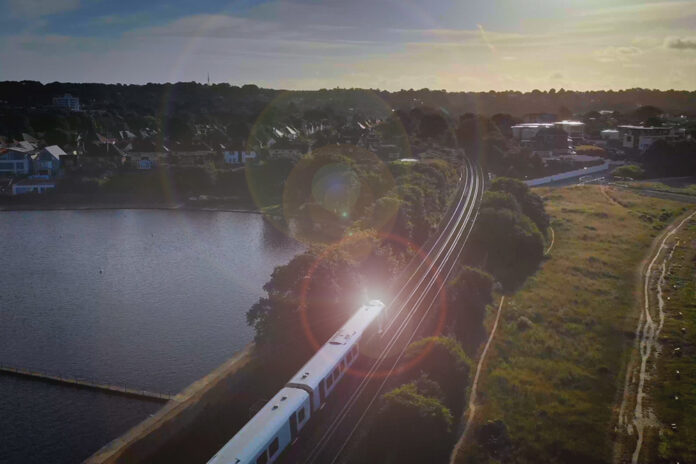 A train driving through the countryside